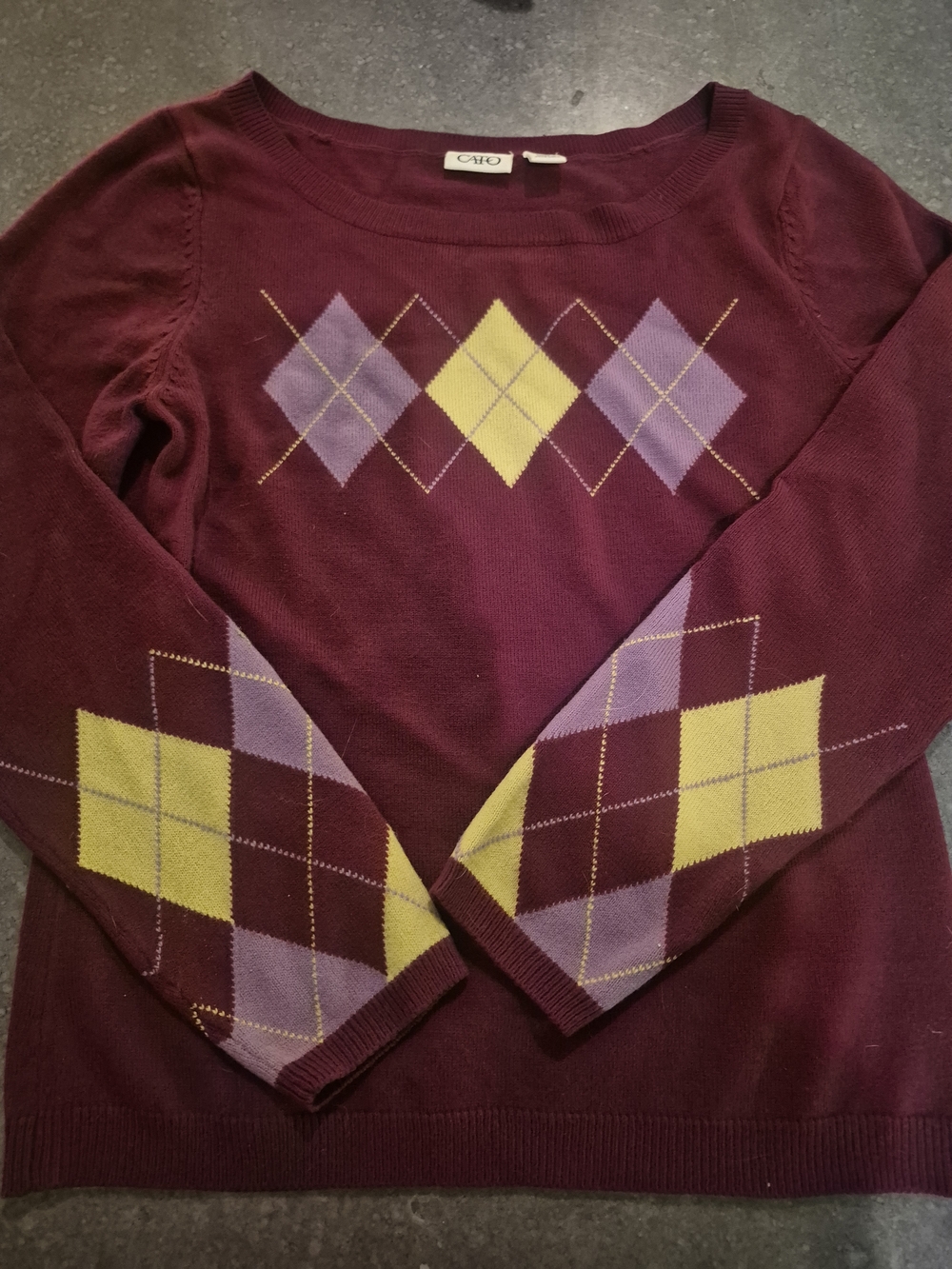 Cato Burgundy Argyle Sweater with Yellow and Lavender Diamonds